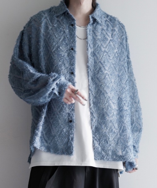 LILL(リル)の「ルーズシルエットフリンジシアーロングスリーブシャツ(シャツ/ブラウス・メンズ・ダークグリーン/ブラック/ブルーグレー/ワイン/ネイビー/ホワイト・S/M/L/XL)」の3枚目の写真