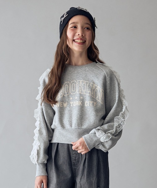 セール】袖レース使いカレッジプリントプルオーバー/トレーナー