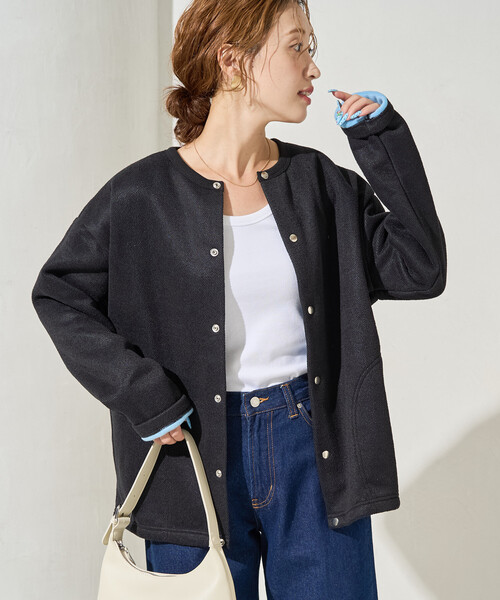 FREAK'S STORE(フリークスストア)の「限定展開 DISCUS ATHLETIC/ディスカス アスレチック インレー 裏シャギー ボンディング 配色 スナップ カーディガン(カーディガン/ボレロ・レディース・ライトグレー/ブラック/ブルー・MEDIUM)」の2枚目の写真