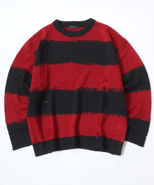 Salong hameu（サロン ハミュー）の「ダメージボーダーニットセーター メンズ レディース ユニセックス（ニット/セーター・メンズ・レッド/チャコールグレー×ブラック/ホワイト×ブラック・M/L）」の8枚目の写真