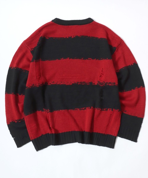 Salong hameu（サロン ハミュー）の「ダメージボーダーニットセーター メンズ レディース ユニセックス（ニット/セーター・メンズ・レッド/チャコールグレー×ブラック/ホワイト×ブラック・M/L）」の9枚目の写真