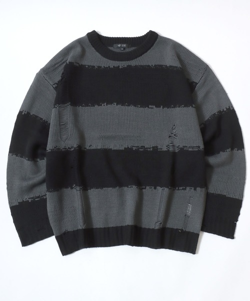 Salong hameu（サロン ハミュー）の「ダメージボーダーニットセーター メンズ レディース ユニセックス（ニット/セーター・メンズ・レッド/チャコールグレー×ブラック/ホワイト×ブラック・M/L）」の6枚目の写真