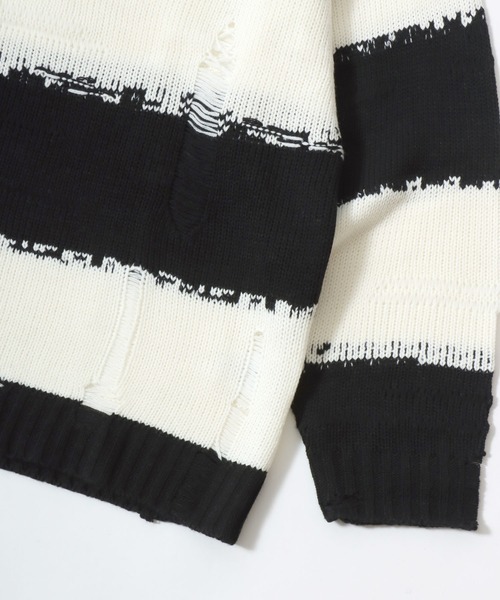 Salong hameu（サロン ハミュー）の「ダメージボーダーニットセーター メンズ レディース ユニセックス（ニット/セーター・メンズ・レッド/チャコールグレー×ブラック/ホワイト×ブラック・M/L）」の11枚目の写真