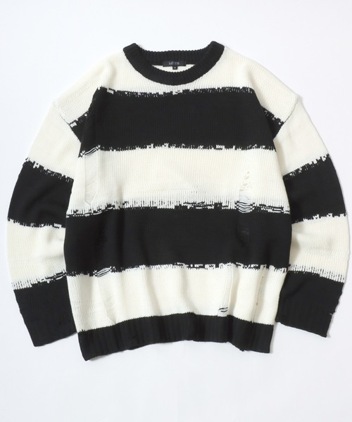 Salong hameu（サロン ハミュー）の「ダメージボーダーニットセーター メンズ レディース ユニセックス（ニット/セーター・メンズ・レッド/チャコールグレー×ブラック/ホワイト×ブラック・M/L）」の4枚目の写真
