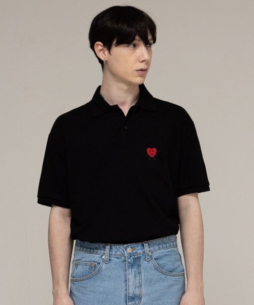 GRAVER（グレーバー）の「[UNISEX]図面ハート刺繍ピケ半袖Tシャツ_ブラック（ポロシャツ・レディース・ブラック・MEDIUM/SMALL）」の2枚目の写真