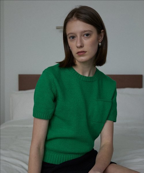 STEP AROUND(ステップアラウンド)の「コットン半袖ポケットニット_GREEN(ニット/セーター・レディース・その他・SMALL)」の1枚目の写真