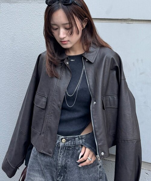 mline（エムライン）の「[mline]オーバーショート レザージャケット（その他アウター・レディース・ブラウン/ブラック・FREE）」の2枚目の写真