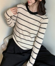 細ボーダーリブカットソー