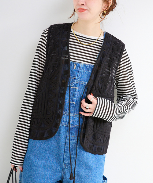 B.C STOCK（ベーセーストック）の「《追加5》手洗い可 / メッシュ刺繍ベスト（その他アウター・レディース・ブラック/アイボリー・FREE）」の2枚目の写真