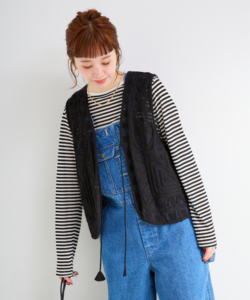 B.C STOCK（ベーセーストック）の「《追加5》手洗い可 / メッシュ刺繍ベスト（その他アウター・レディース・ブラック/アイボリー・FREE）」の8枚目の写真