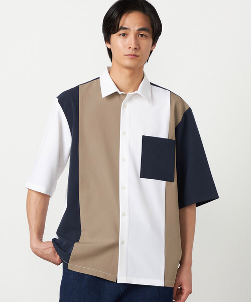 COMME CA ISM(コムサイズム)の「ウールライク ショートポイントカラー ブロッキング 5分袖シャツ(シャツ/ブラウス・メンズ・ホワイト/ブラック・LARGE/MEDIUM/SMALL)」の1枚目の写真