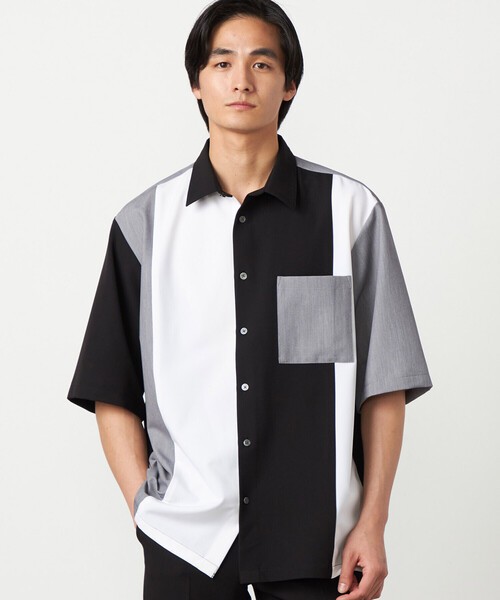COMME CA ISM(コムサイズム)の「ウールライク ショートポイントカラー ブロッキング 5分袖シャツ(シャツ/ブラウス・メンズ・ホワイト/ブラック・LARGE/MEDIUM/SMALL)」の2枚目の写真