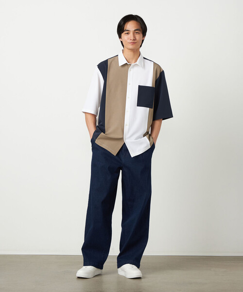 COMME CA ISM(コムサイズム)の「ウールライク ショートポイントカラー ブロッキング 5分袖シャツ(シャツ/ブラウス・メンズ・ホワイト/ブラック・LARGE/MEDIUM/SMALL)」の6枚目の写真