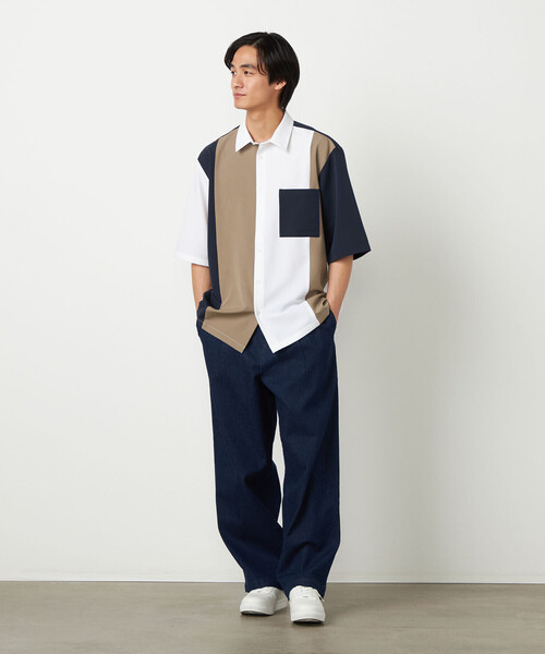 COMME CA ISM(コムサイズム)の「ウールライク ショートポイントカラー ブロッキング 5分袖シャツ(シャツ/ブラウス・メンズ・ホワイト/ブラック・LARGE/MEDIUM/SMALL)」の7枚目の写真