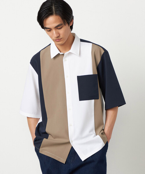 COMME CA ISM(コムサイズム)の「ウールライク ショートポイントカラー ブロッキング 5分袖シャツ(シャツ/ブラウス・メンズ・ホワイト/ブラック・LARGE/MEDIUM/SMALL)」の8枚目の写真