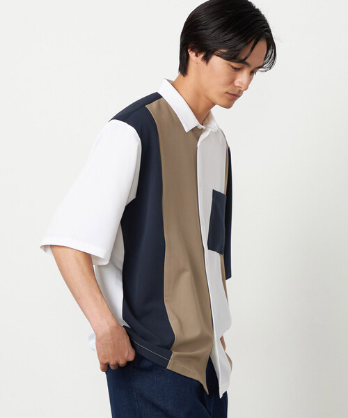 COMME CA ISM(コムサイズム)の「ウールライク ショートポイントカラー ブロッキング 5分袖シャツ(シャツ/ブラウス・メンズ・ホワイト/ブラック・LARGE/MEDIUM/SMALL)」の9枚目の写真
