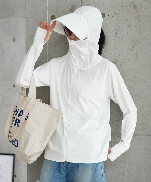 KOBE LETTUCE（コウベレタス）の「[ UVカット＆接触冷感 ] M L XL 選べる2タイプ 取り外しサンバイザー付きパーカー（パーカー・レディース・ホワイト系/ブラック系/ネイビー/ブラック/ホワイト/ネイビー系/グレー系/杢グレー・LL1/M1/M/L1/L/LL）」の2枚目の写真