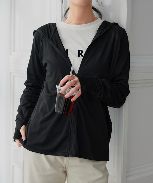 KOBE LETTUCE（コウベレタス）の「[ UVカット＆接触冷感 ] M L XL 選べる2タイプ 取り外しサンバイザー付きパーカー（パーカー・レディース・ホワイト系/ブラック系/ネイビー/ブラック/ホワイト/ネイビー系/グレー系/杢グレー・LL1/M1/M/L1/L/LL）」の12枚目の写真