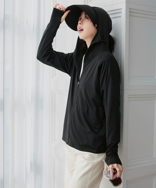 KOBE LETTUCE（コウベレタス）の「[ UVカット＆接触冷感 ] M L XL 選べる2タイプ 取り外しサンバイザー付きパーカー（パーカー・レディース・ホワイト系/ブラック系/ネイビー/ブラック/ホワイト/ネイビー系/グレー系/杢グレー・LL1/M1/M/L1/L/LL）」の13枚目の写真