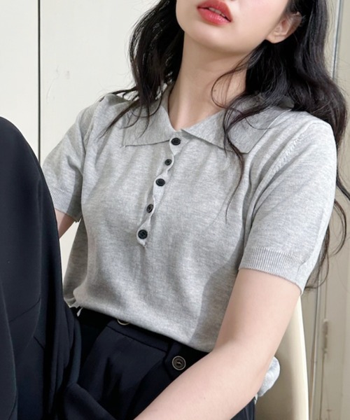 Ada.(エイダ)の「スカラップ前立て 半袖ニットポロ(ポロシャツ・レディース・ブルー/ライトグレー/ホワイト/チャコール・FREE)」の11枚目の写真