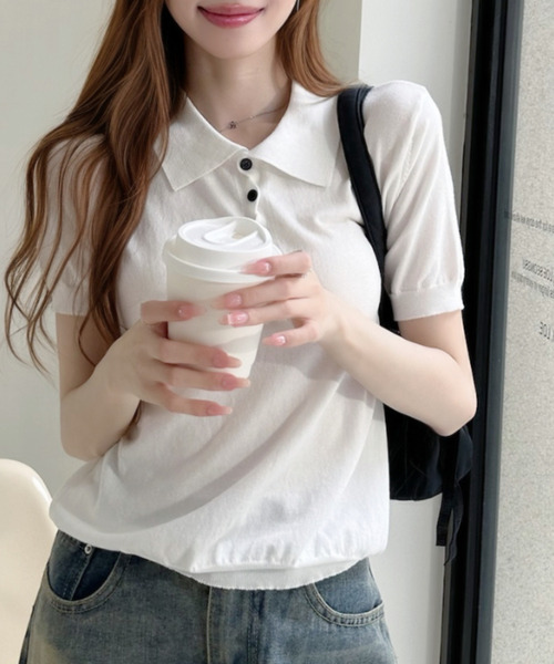 Ada.(エイダ)の「スカラップ前立て 半袖ニットポロ(ポロシャツ・レディース・ブルー/ライトグレー/ホワイト/チャコール・FREE)」の9枚目の写真