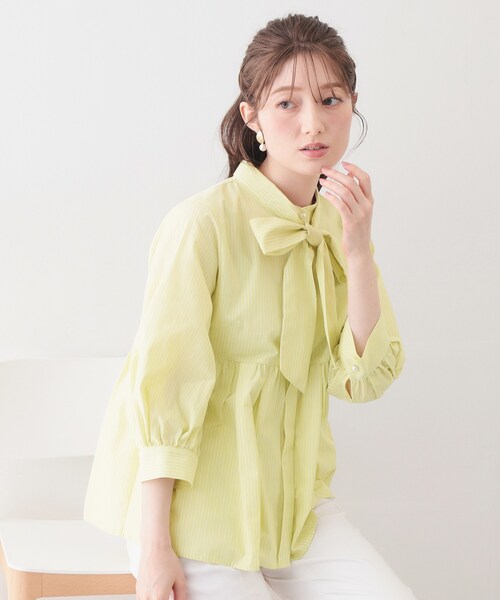 index（インデックス）の「ペプラムブラウス/ボウタイ取り外し可【洗濯機OK/イージーアイロン/防シワ】《XS～LL/8col》（シャツ/ブラウス・レディース・ホワイト系5/オレンジ系3/サックスブルー系2/ベージュ系その他7/ピンク系1/ネイビー系5/ライトグリーン系2/オフホワイト・36/40/38/42/34）」の14枚目の写真