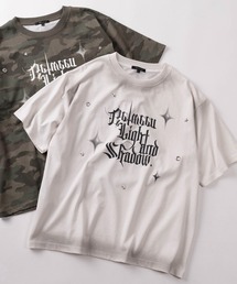 【82】スプレー加工 カモフラ柄 アイレット スタッズ プリント クルーネックTシャツ/ユニセックス/レディース/メンズ