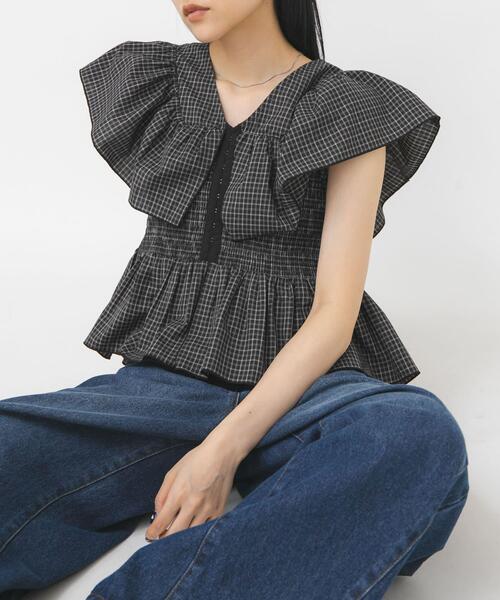 フロントホックチェックフリルブラウス（シャツ/ブラウス）｜KBF