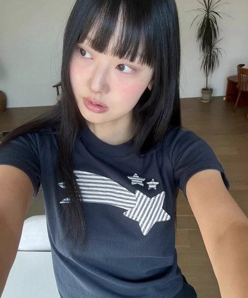 LAC-VERT(ラック・ヴェール)の「ストライプながれぼしTシャツ(Tシャツ/カットソー・レディース・ホワイト/ネイビー・FREE)」の1枚目の写真