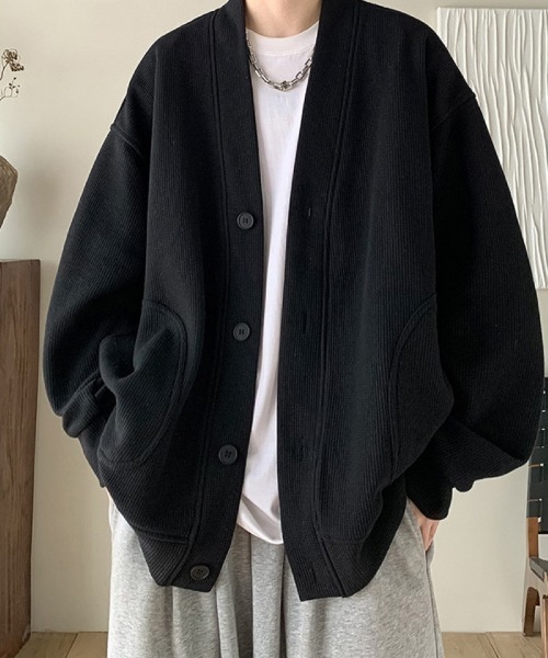 Ritzy(リッツィー)の「ワッフル素材 オーバーサイズ V ネックカーディガン(カーディガン/ボレロ・メンズ・ブラック・M/L)」の3枚目の写真