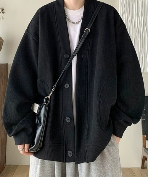 Ritzy(リッツィー)の「ワッフル素材 オーバーサイズ V ネックカーディガン(カーディガン/ボレロ・メンズ・ブラック・M/L)」の4枚目の写真
