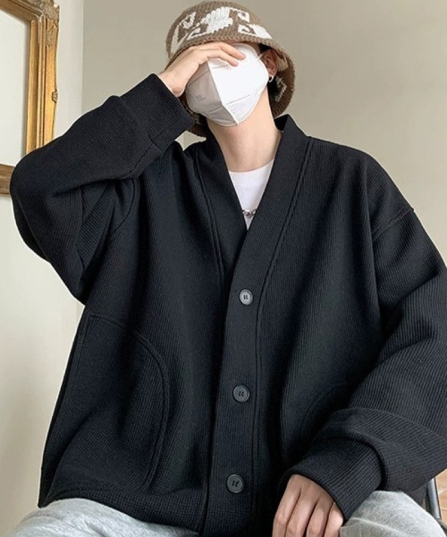Ritzy(リッツィー)の「ワッフル素材 オーバーサイズ V ネックカーディガン(カーディガン/ボレロ・メンズ・ブラック・M/L)」の5枚目の写真