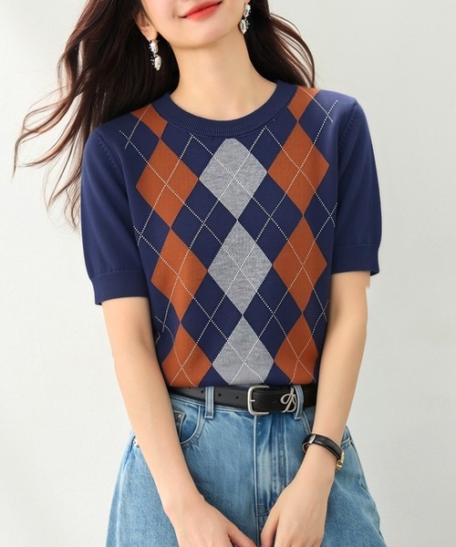 AMAJI（アマジ）の「アーガイル柄 ニット 半袖 クルーネック トップス（Tシャツ/カットソー・レディース・ネイビー・X-LARGE/LARGE/MEDIUM/SMALL）」の5枚目の写真