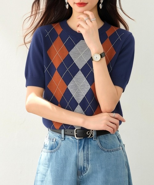 AMAJI（アマジ）の「アーガイル柄 ニット 半袖 クルーネック トップス（Tシャツ/カットソー・レディース・ネイビー・X-LARGE/LARGE/MEDIUM/SMALL）」の2枚目の写真