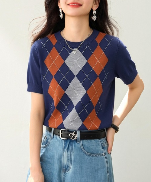 AMAJI（アマジ）の「アーガイル柄 ニット 半袖 クルーネック トップス（Tシャツ/カットソー・レディース・ネイビー・X-LARGE/LARGE/MEDIUM/SMALL）」の3枚目の写真