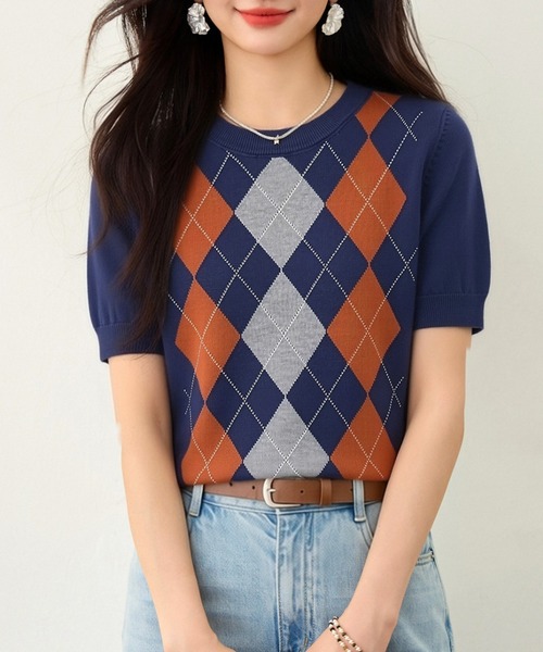 AMAJI（アマジ）の「アーガイル柄 ニット 半袖 クルーネック トップス（Tシャツ/カットソー・レディース・ネイビー・X-LARGE/LARGE/MEDIUM/SMALL）」の4枚目の写真