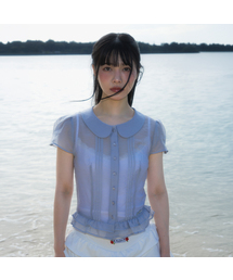 See-through Pleat Short Sleeved Blouse [Sky Blue]