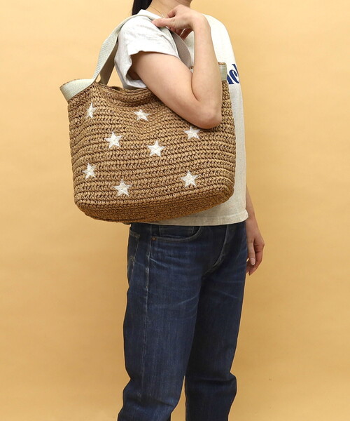 ❤新品❤【COOCO】ラメテープx星柄刺繍ペーパーカゴバッグ　A4収納可能 ラメテープx星柄刺繍ペーパーカゴバッグ／A4対応（かごバッグ