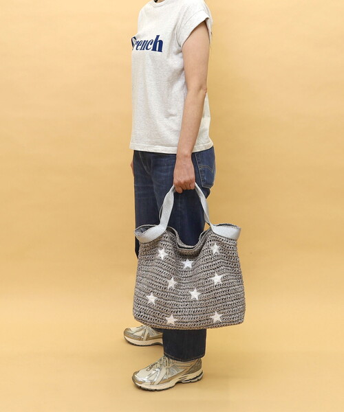 ❤新品❤【COOCO】ラメテープx星柄刺繍ペーパーカゴバッグ　A4収納可能 COOCO - ❤新品❤【COOCO】ラメテープx星柄刺繍ペーパーカゴバッグ A4
