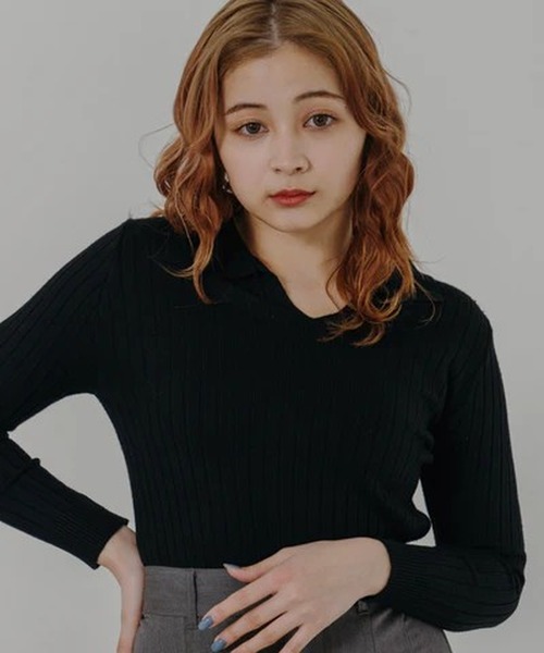 merrylatte(メリーラテ)の「襟付きリブニット【IROHANI】(ニット/セーター・レディース・ブラック・FREE)」の1枚目の写真