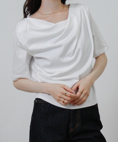 Social GIRL(ソーシャルガール)の「ドレープネック半袖Tシャツ(Tシャツ/カットソー・レディース・ブラック/オフホワイト・M)」の3枚目の写真
