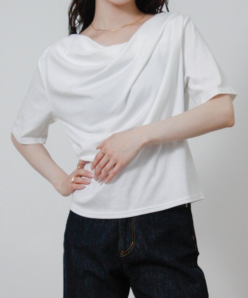 Social GIRL(ソーシャルガール)の「ドレープネック半袖Tシャツ(Tシャツ/カットソー・レディース・ブラック/オフホワイト・M)」の4枚目の写真