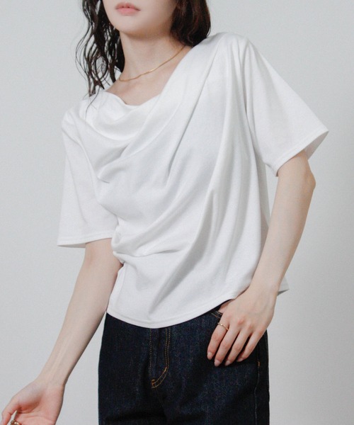 Social GIRL(ソーシャルガール)の「ドレープネック半袖Tシャツ(Tシャツ/カットソー・レディース・ブラック/オフホワイト・M)」の5枚目の写真