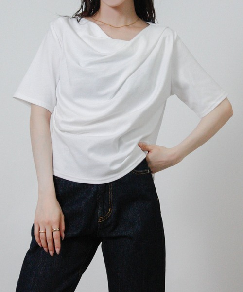 Social GIRL(ソーシャルガール)の「ドレープネック半袖Tシャツ(Tシャツ/カットソー・レディース・ブラック/オフホワイト・M)」の7枚目の写真