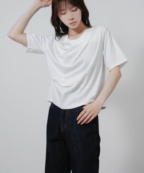 Social GIRL(ソーシャルガール)の「ドレープネック半袖Tシャツ(Tシャツ/カットソー・レディース・ブラック/オフホワイト・M)」の8枚目の写真