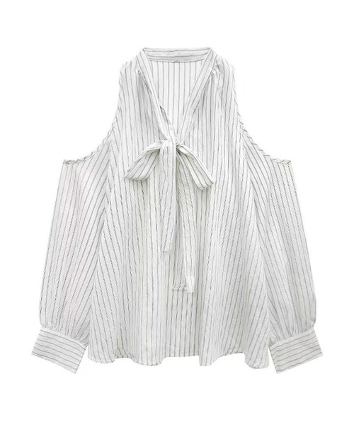 AsheKsha(アシクシャ)の「オフショルダーのストライプ柄リボン付きブラウス(シャツ/ブラウス・レディース・ホワイト・M)」の3枚目の写真