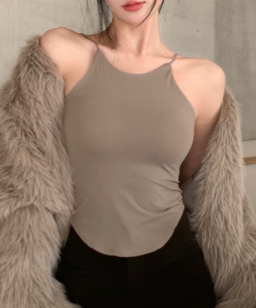 Lace Ladies(レースレディース)の「細ストラップ ホルター カップ付き ブラトップ(キャミソール・レディース・ブラック/ホワイト/グレイッシュベージュ/グリーン・FREE)」の1枚目の写真