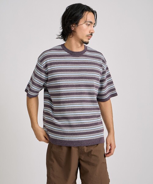 Saturdays NYC（サタデーズ ニューヨークシティ ）の「Pacho Stripe Knit Top（Tシャツ/カットソー・メンズ・ブラック系その他/パープル・L/M/S）」の2枚目の写真