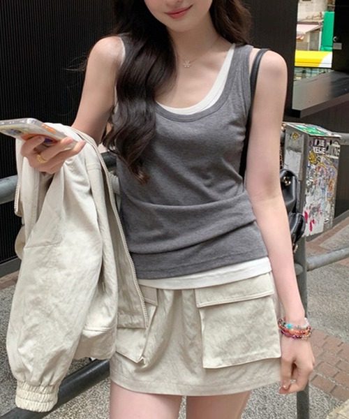 HALEY PESCA(ヘーリーペスカ)の「HALEY PESCA/レイヤード風パイピングタンクトップ(タンクトップ・レディース・ブラック/グレー/ダークグレー/アイボリー・FREE)」の16枚目の写真
