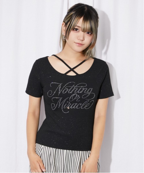 GORGE(ゴージ)の「《ラインストーンロゴ》クロスストラップリブカットソー/Y2K/春夏秋/全3色(Tシャツ/カットソー・レディース・チャコール/ブラック/オフホワイト・F)」の10枚目の写真